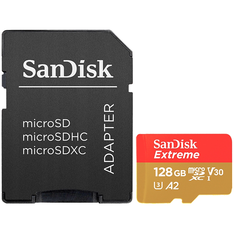 SANDISK Extreme 128GB microSDXC + SD Adapter + 1 year RescuePRO Deluxe up to 190MB/s & 90MB/s Read/Write speeds A2 C10 V30 UHS-I U3