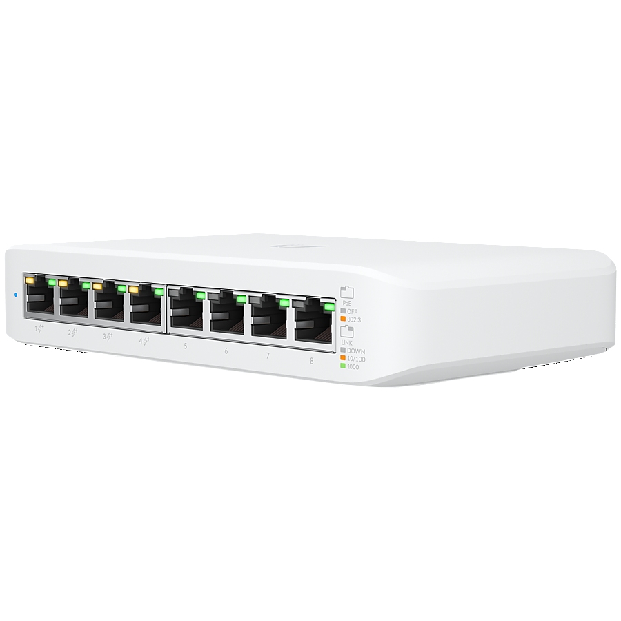 UBIQUITI Lite 8 PoE; (4) GbE PoE+, (4) GbE ports; 52W total PoE availability; Wall mountable.