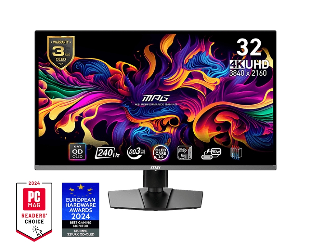 MSI MPG 321URX QD-OLED, 31.5", 240Hz, 0.03ms, UHD 3840x2160, Oled Care 2.0, Fanless Design w Graphene, ClearMR 13000, HDR True Black 400, AI VISION, 250 nits, 1500000:1, 100M;1, DP(1.4a), 2x HDMI(2.1), Type-C (DP alt. PD 90W), KVM, Adj.Stand 100mm, VESA