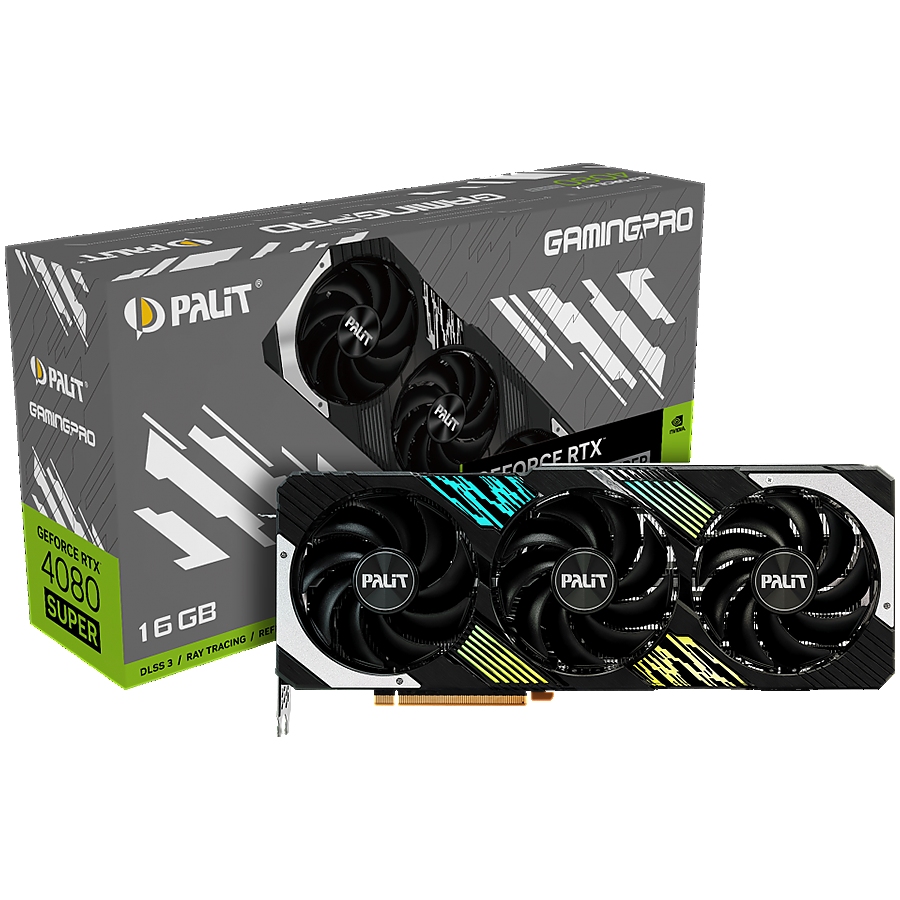 Palit RTX 4080 SUPER GamingPro, 16GB GDDR6X, 256 bit, 1x HDMI 2.1a, 3x DP 1.4a, 3 Fan, 1x 16-pin power connector, recommended PSU 850W, NED408S019T2-1032A