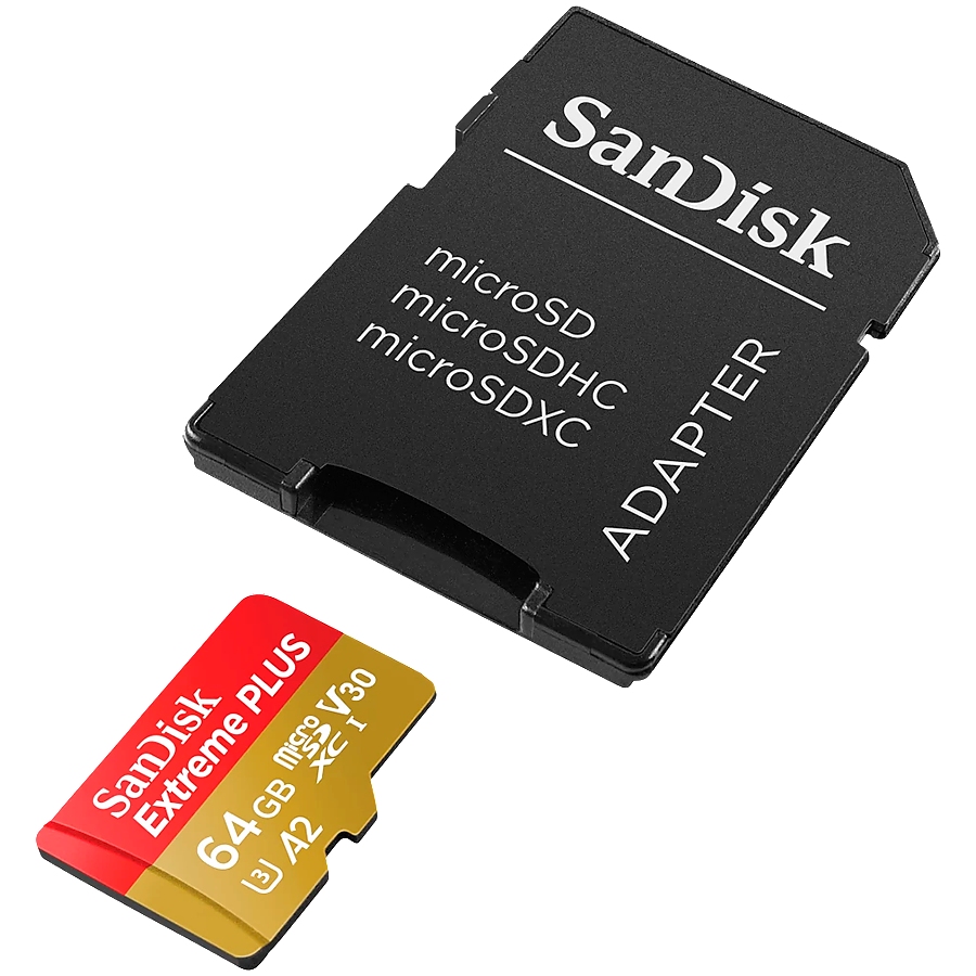 SANDISK Extreme PLUS 64GB microSDXC + SD Adapter + 2 years RescuePRO Deluxe up to 200MB/s & 90MB/s Read/Write speeds A2 C10 V30 UHS-I U8