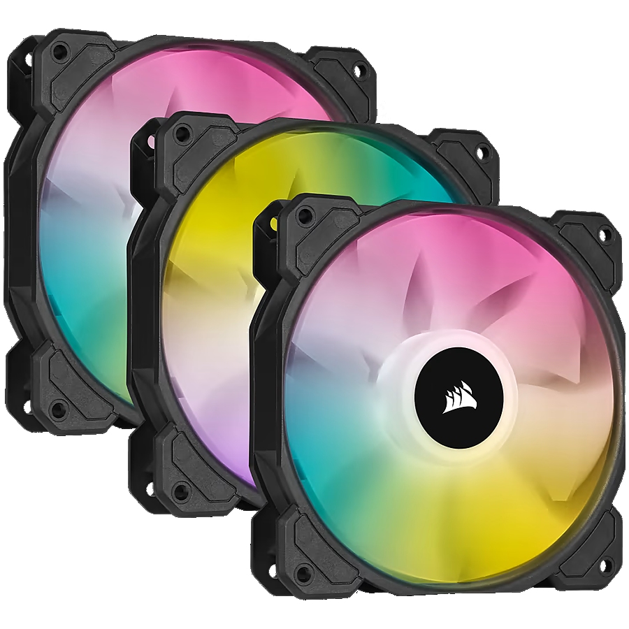 Corsair SP Series, SP120 RGB ELITE, 120mm RGB LED Fan with AirGuide, Triple Pack with Lighting Node CORE, EAN:0840006636656