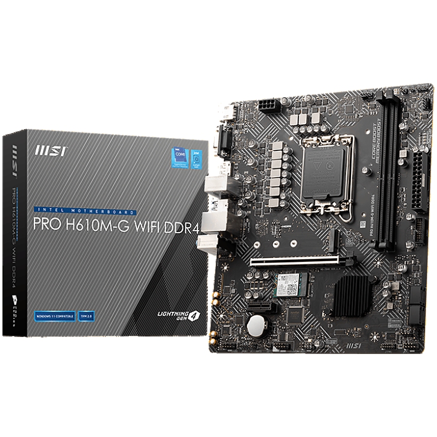 MSI PRO H610M-G WIFI DDR4, M-ATX, Socket 1700, Dual Channel 64GB 3200 MHz, 1x PCIe x16 slot, 1xPCIex1 slot, 1x HDMI, 1x DP, 1xM.2 slot,  4x USB 3.2 1.5Gbps, 6xUSB 2.0, 7.1 HD Audio, 1Gbps LAN, WI-FI 6E, BT, 3Y