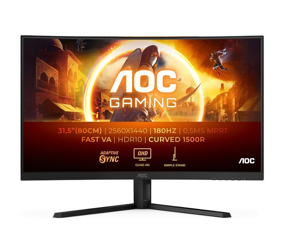 AOC CQ32G4VE, 31.5" Curved 1500R, Fast VA WLED, 2560x1440@180 Hz, 1ms GtG, 0.5ms MPRT, 300 cd/m2, 3500:1, 80M:1 DCR, Adaptive Sync, Flicker Free, Low Blue Light, Tilt, 2xHDMI, DP