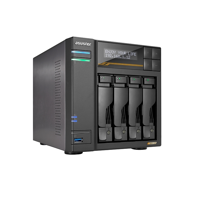 Asustor Lockerstor 4 Gen3 AS6804T 4 Bay NAS, AMD Ryzen Embedded Quad-Core 2.3GHz (burst up to 3.8GHz), Dual USB 4 Ports, Dual 10GbE Ports, Dual 5GbE Ports, 16G ECC RAM DDR5 (Max. 64GB) 4x M.2 SSD Slots (Diskless), 2 x Type C, Black