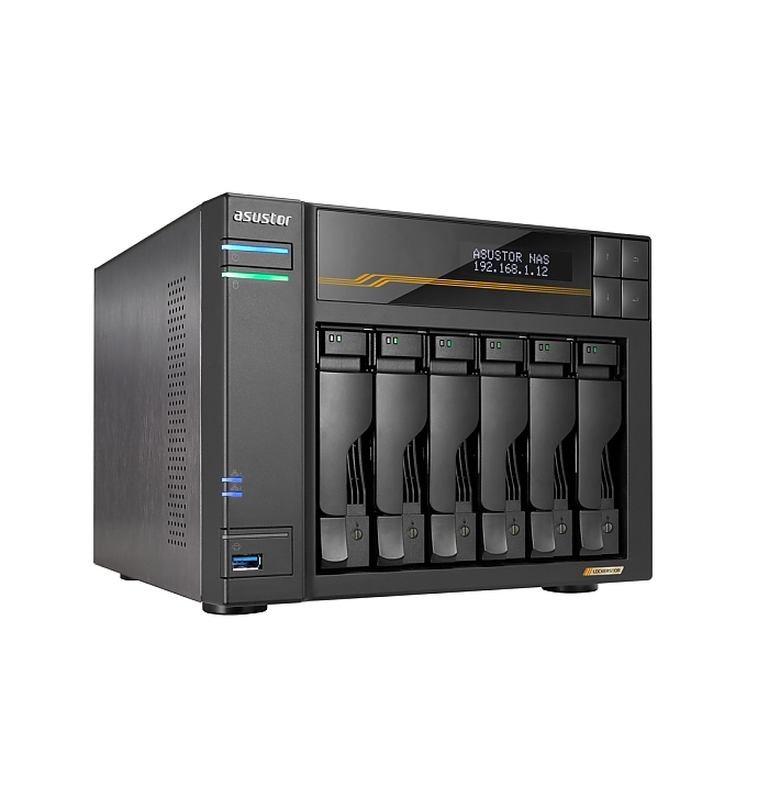 Asustor Lockerstor 6 Gen3 AS6806T 6 Bay NAS, Ryzen Embedded Quad-Core 2.3GHz CPU, Dual USB 4 Ports, Dual 10GbE Ports, Dual 5GbE Ports, 16G ECC RAM DDR5, (Max. 64GB), 4x M.2 SSD Slots (Diskless), 2 x Type C, Black