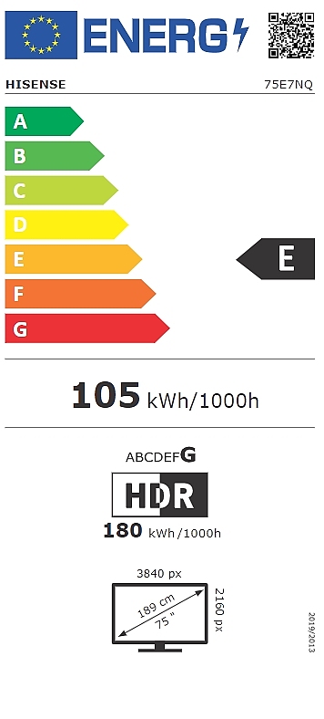 Hisense 75" E7NQ, 4K Ultra HD 3840x2160, QLED, Quantum Dot, HDR 10+, HLG, Dolby Vision, DTS Virtual X, Smart TV, Light Sensor, WiFi Direct, BT, Anyview Cast, 3xHDMI, 2xUSB, LAN, CI+, DVB-T2/C/S2, Black
