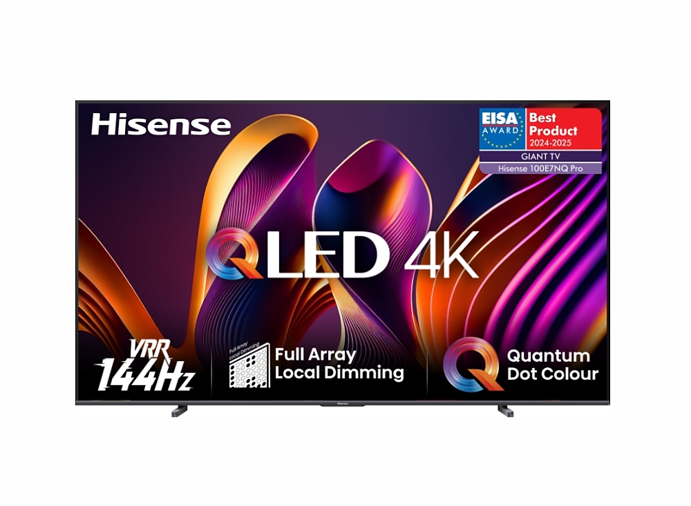 Hisense 100" E7NQ Pro, 4K Ultra HD 3840x2160, ULED, FALD, Quantum Dot, 144Hz, IPS, HDR 10+, HLG, Dolby Vision IQ, Dolby Atmos, Smart TV, WiFi 5GHz, WiFi Direct, BT, Anyview Cast, 4xHDMI, 2xUSB, LAN, CI+, DVB-T2/C/S2, Black