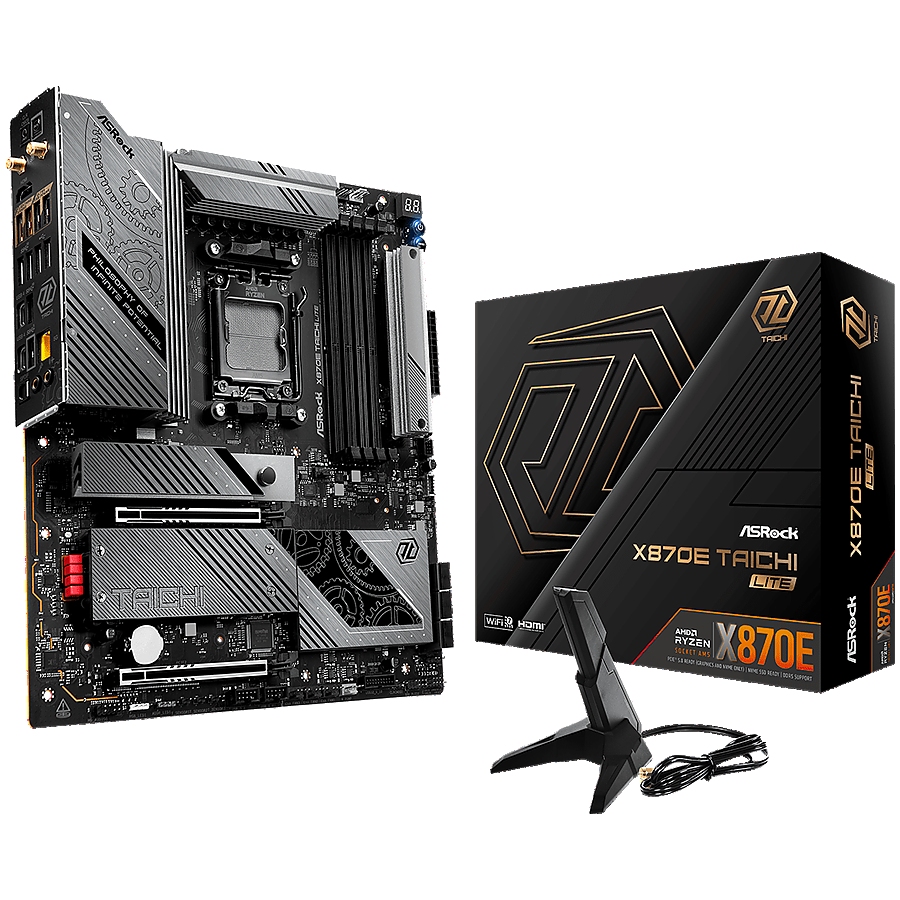 ASROCK MB Desktop X870E Taichi Lite, AM5, 4x DDR5, 2x PCIe 5.0 x16, 1x Blazing M.2(PCIe Gen5x4), 3x Hyper M.2 (PCIe Gen4x4), 6x SATA3, RAID 0,1 and 10, 7.1 HD Audio, 3x USB-C, 12x USB 3.2, 6x USB 2.0, 1x HDMI, 1x SPDIF, 5 GB LAN, Wi-Fi, BT