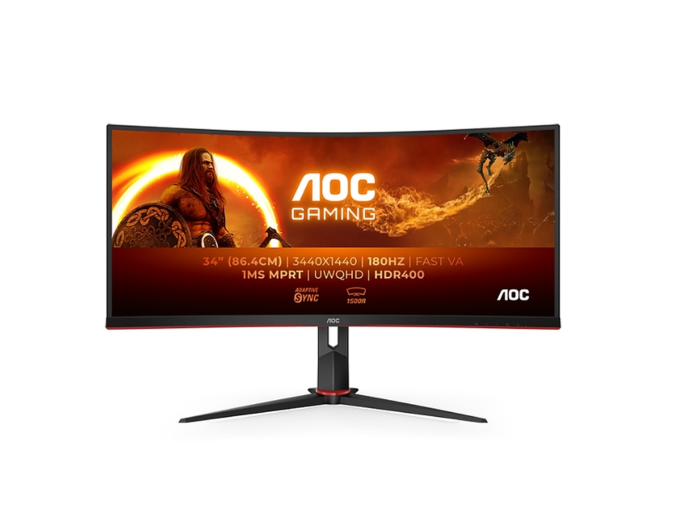 AOC CU34G2XP/BK, 34" Curved 1500R VA, WLED, 3440x1440@180Hz, 1ms GtG, 1ms MPRT, 430 cd/m2, 4000:1, 80M:1 DCR, Tilt, Height Adjust, Swivel, 2xHDMI, 2xDP, USB hub