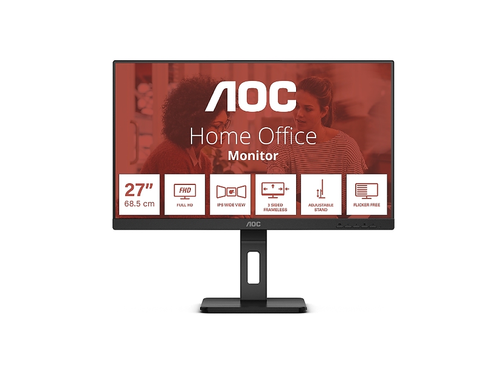 AOC 27E3QAF, 27" IPS WLED, 1920x1080@75Hz, 4ms GtG, 300cd m/2, 1000:1, 20M:1 DCR, Adaptive Sync, FlickerFree, Low Blue Light, 2Wx2, Tilt, Height Adjust, Pivot, Swivel, D-SUB, HDMI, DP