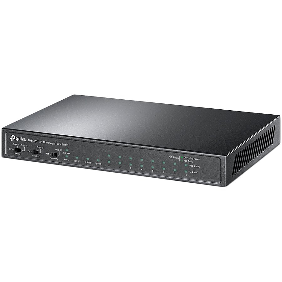 8-port 10/100Mbps Unmanaged PoE switch with 2 Gigabit RJ45 + 1 Gigabit SFP uplink ports, 8 802.3af/at PoE port, Power budget up to 124W, support 250m Extend Mode, Isolation Mode and PoE Auto Recovery Mode. 