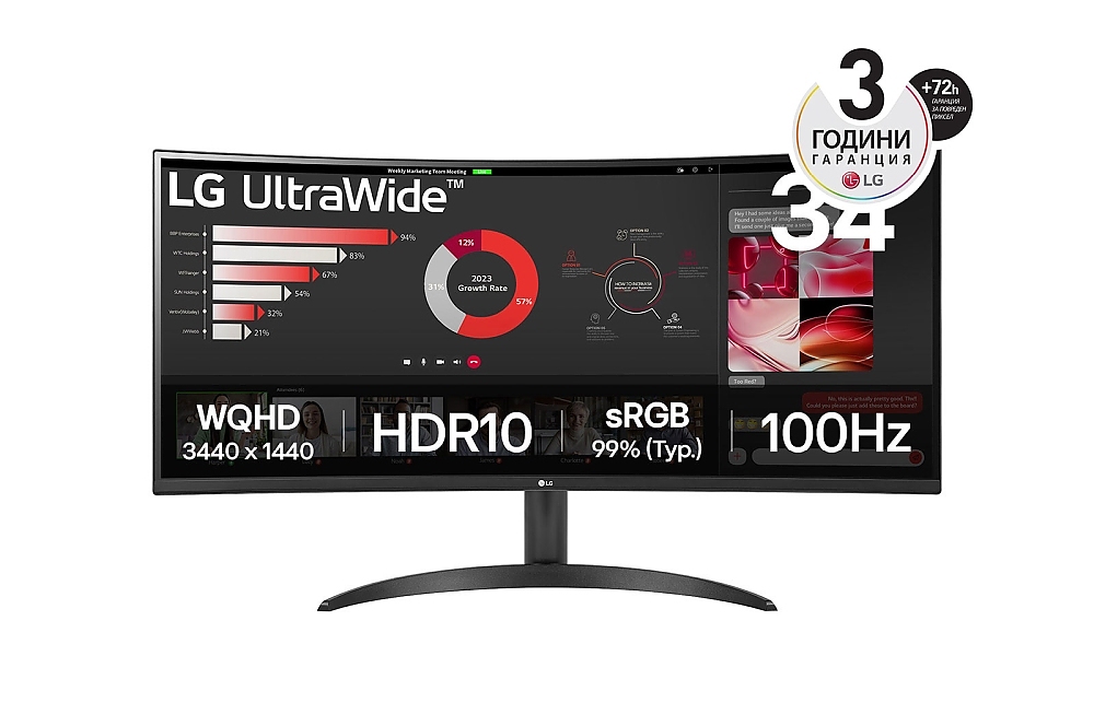 LG 34WR50QK-B, 34" UltraWide Curved, AG, VA, 5ms, 1ms MBR, 3000:1, 300 cd/m2, 21:9, WQHD 3440x1440, HDR 10, sRGB 99%, FreeSync, 100 Hz, HDMI, DisplayPort, Tilt, Reader Mode, PBP, Headphone Out, Black