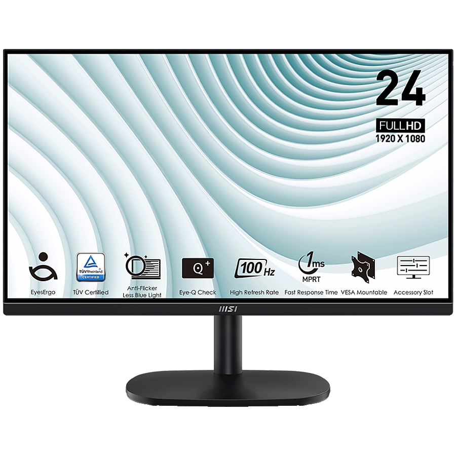 MSI PRO MP245V Professional Business Monitor, 23.8" 100Hz, FHD (1920x1080) 16:9, VA Anti-glare, 1ms/4ms, 300nits, 4000:1, 178°/178°, Adaptive-Sync, Adjustable Stand, 1x D-Sub(VGA), 1x HDMI, 3Y Warranty