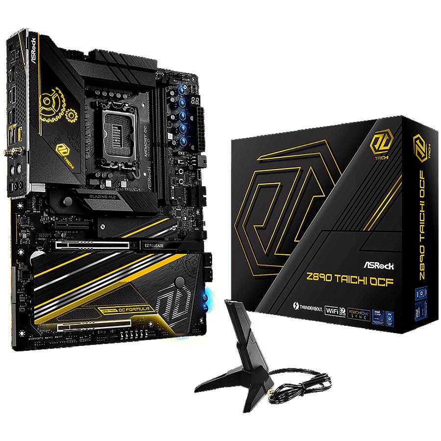 ASROCK MB Desktop Z890 Taichi OCF, S1851, 2x DDR5, 2x PCIe 5.0 x16, 1x PCIe 4.0 x4, 1x Blazing M.2, 5x Hyper M.2, 4x SATA3, 4x USB-C, 9x USB 3.2, 3x USB 2.0, 1x RJ-45 5GB Lan, 802.11ax Wi-Fi 7 + Bluetooth 5.4, 1x SPDIF, ATX