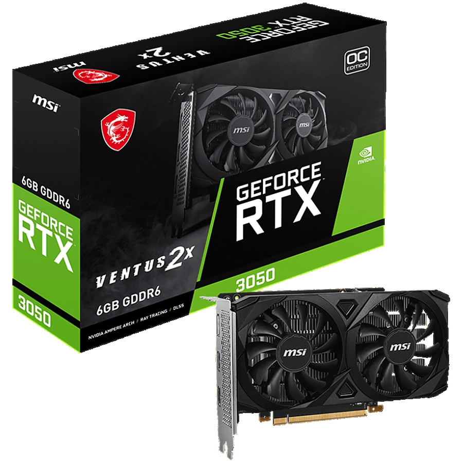 MSI Video Card Nvidia GeForce RTX 3050 VENTUS 2X E 6G OC, 6GB GDDR6, 96bit, Boost: 1492 MHz, 2304 CUDA Cores, PCIe 4.0, 1x DP 1.4a, 2xHDMI 2.1a, RAY TRACING, Dual Fan, 300W, 3Y