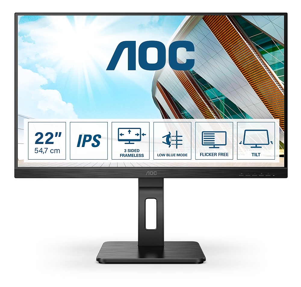 AOC 22P2Q, 21.5" IPS WLED, 1920x1080@75Hz, 4ms GtG, 250cd m/2, 1000:1, 50M:1 DCR, Adaptive Sync, FlickerFree, Low Blue Light, 2Wx2, Tilt, Height Adjust, Pivot, Swivel, D-SUB, DVI, HDMI, DP, USB hub