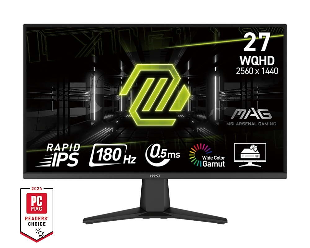 MSI MAG 275QF, 27", Rapid IPS, 0.5ms, 180Hz, AG, WQHD 2560x1440, Adaptive-Sync, AI Vision, CONSOLE MODE, LBL, Anti-Flicker, 100M:1, 300 nits, 1x DP(1.4), 2x HDMI (2.0b), Headphone-out, Tilt, VESA 100, Frameless, 9S6-3CE21M-022