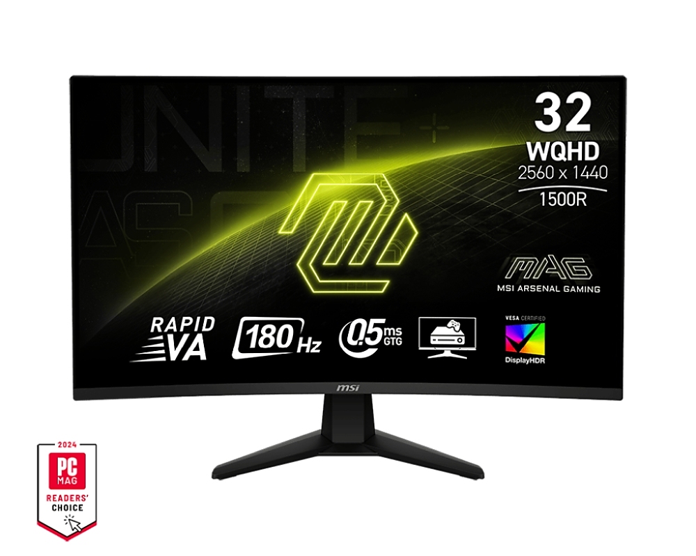 MSI MAG 32CQ6F, 31.5, 180Hz, 0.5ms, Rapid VA, WQHD 2560x1440, Curve 1500R, AG, Adaptive-Sync, DisplayHDR 400, CONSOLE MODE, AI Vision, LBL, 3500:1, DCR 100M:1, 1x DP(1.4), 2x HDMI (2.0b), 1 x Headphone Out, Tilt, VESA, Frameless, 9S6-3DC91M-001