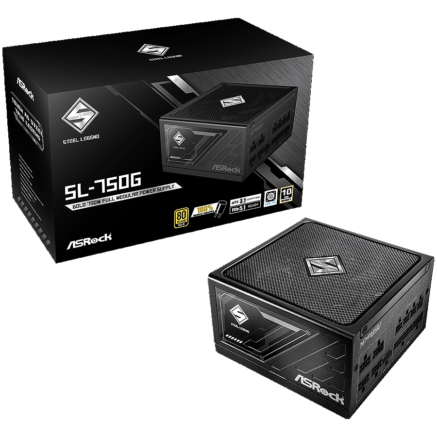 Asrock SL-750G, 750W, 80 Plus GOLD, Fully Modular PSU, Japanese Capacitors, 2x EPS 12V CPU(4+4pin), 1x PCIe5.1 (12+4pin), 3x PCIe (6+2pin), 3x 4-pin connectors, 9x SATA, OCP, SCP, OVP, UVP, OTP, OPP protections, 135 mm Axial Fan, ATX 3.1