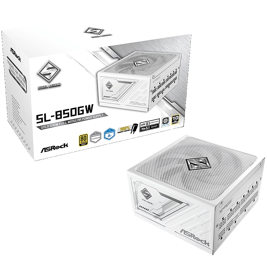 Asrock SL-850GW, 850W, 80 Plus GOLD, Fully Modular PSU, Japanese Capacitors, 2x EPS 12V CPU(4+4pin), 1x PCIe5.1 (12+4pin), 3x PCIe (6+2pin), 3x 4-pin connectors, 9x SATA, OCP, SCP, OVP, UVP, OTP, OPP protections, 135 mm Axial Fan, ATX 3.1