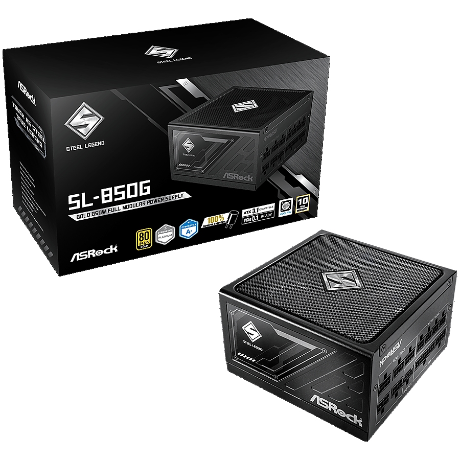 Asrock SL-850G, 850W, 80 Plus GOLD, Fully Modular PSU, Japanese Capacitors, 2x EPS 12V CPU(4+4pin), 1x PCIe5.1 (12+4pin), 3x PCIe (6+2pin), 3x 4-pin connectors, 9x SATA, OCP, SCP, OVP, UVP, OTP, OPP protections, 135 mm Axial Fan, ATX 3.1