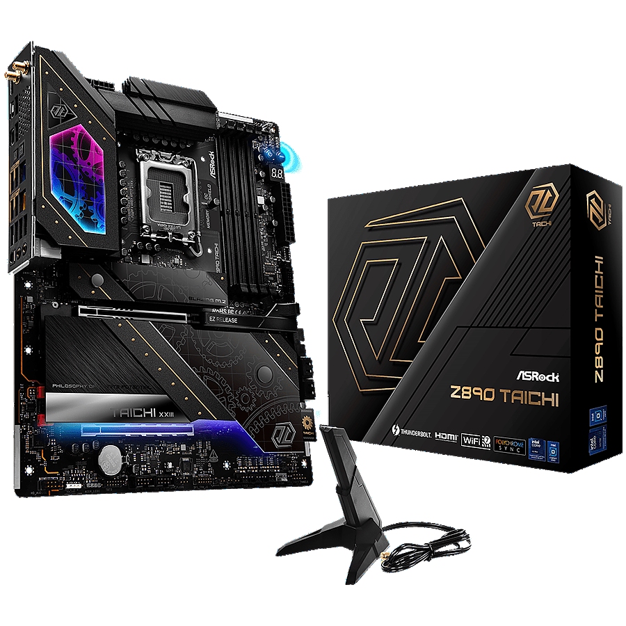 ASROCK MB Desktop Z890 Taichi, S1851, 4x DDR5, 1x PCIe 5.0 x16, 1x PCIe 4.0 x4, 1x Blazing M.2, 5x Hyper M.2, 4x SATA3, 3x USB-C, 12x USB 3.2, 6x USB 2.0, 2x RJ-45 2.5GB / 5GB Lan, 802.11ax Wi-Fi 7 + Bluetooth 5.4, 1x SPDIF, ATX