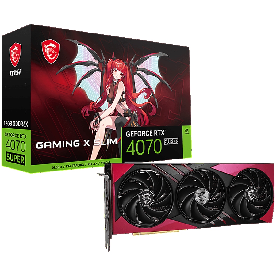 MSI Video Card Nvidia RTX 4070 SUPER 12G GAMING X SLIM MLG, 12GB GDDR6X, 192bit, 21Gbps Memory speed, Boost: 2640 MHz, 7168 CUDA Cores, 3x DP 1.4a, HDMI 2.1a, RAY TRACING, Triple Fan, 1x 16pin, 650W Recommended PSU, 3Y