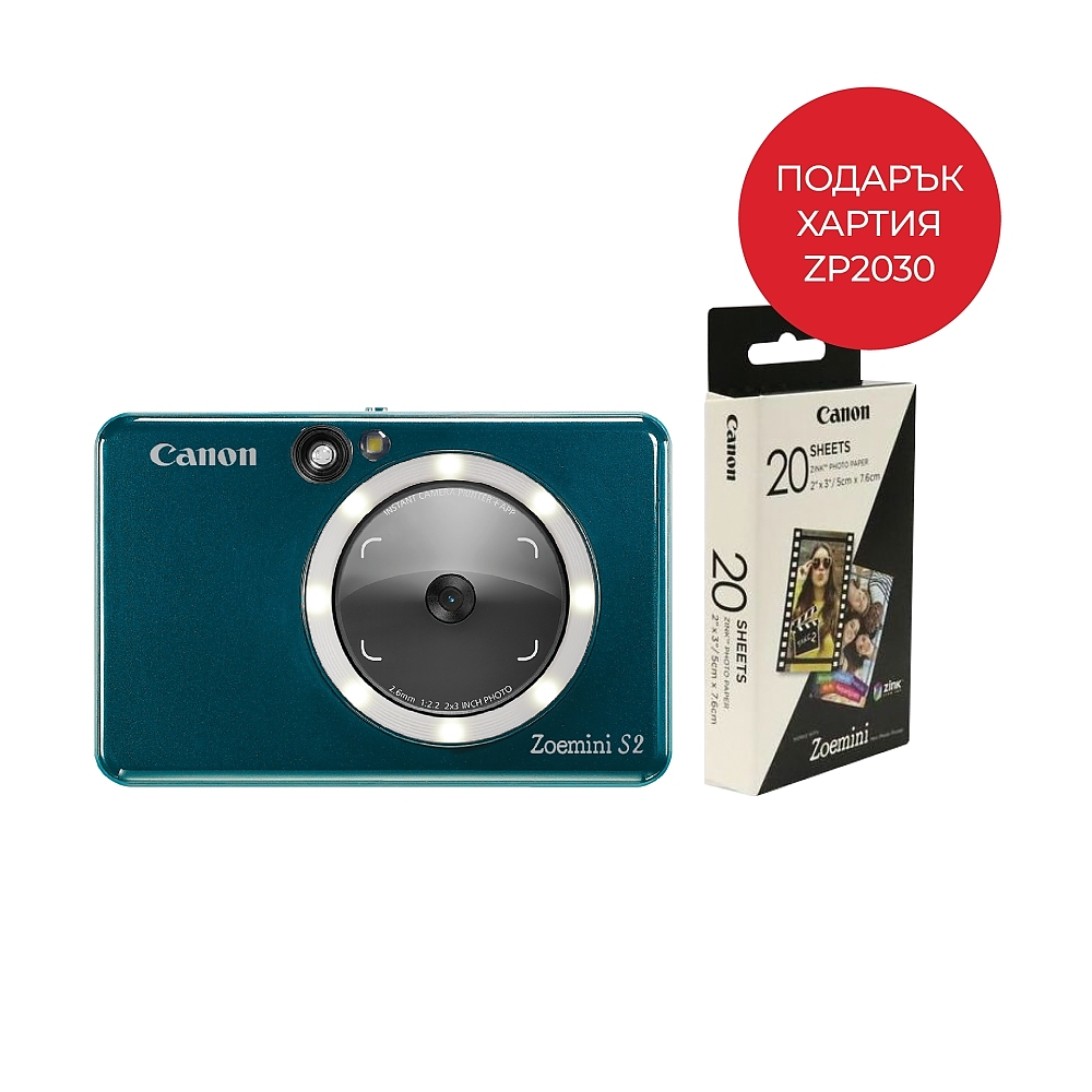 Canon instant camera printer  Zoemini S2 ZV223, Teal + Zink Paper ZP-203020S 20 Sheets (5 x 7.6 cm)