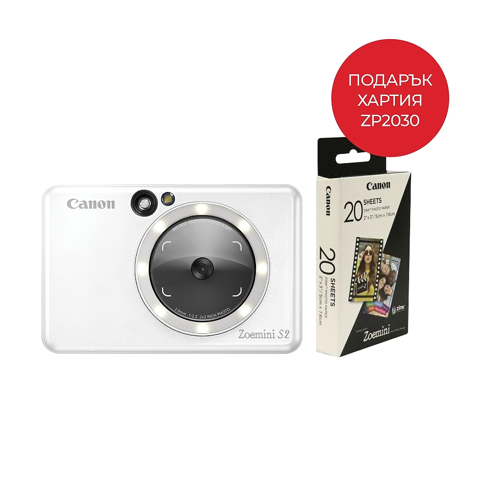 Canon instant camera printer  Zoemini S2 ZV223, Pearl White + Zink Paper ZP-203020S 20 Sheets (5 x 7.6 cm)