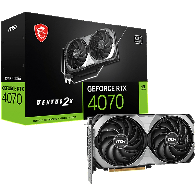 MSI Video Card Nvidia RTX 4070 VENTUS 2X E1 12G OC, 12GB GDDR6, 192bit, 20Gbps Memory speed, Boost: 2505 MHz, 5888 CUDA Cores, 3x DP 1.4a, HDMI 2.1a, RAY TRACING, Dual Fan, 1x 8pin, 650W Recommended PSU, 3Y