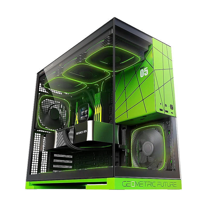 Geometric Future кутия Case EATX - Model 5 Black/Green, NVIDIA style limited edition - 5 x 140 mm aRGB fans included