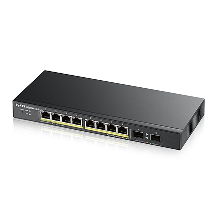 Комутатор ZyXEL GS1900-10HP, 8x GbE PoE+ порта + 2x SFP, WEB управляем, настолен