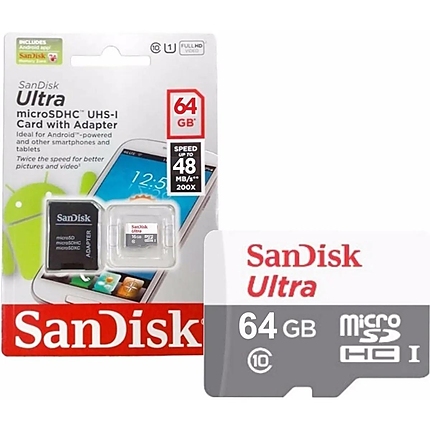 Карта памет SANDISK Ultra microSDHC UHS-I, 64GB, Class 10, 80Mb/s, Адаптер