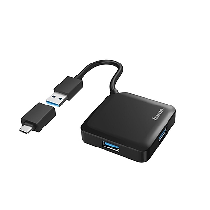 USB хъб HAMA, USB-А 4-портов, USB 3.2 Gen 1, 5 Gbit/s, USB-C адаптер, Черен