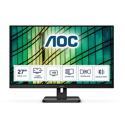 AOC 27E2QAE, 27" IPS WLED, 1920x1080@75Hz, 4ms GTG, 250cd/m2, 1000:1, 20M:1 DCR, Adaptive Sync, FlickerFree, Low Blue Light, 2Wx2, Tilt, Swivel, D-SUB, HDMI, DP