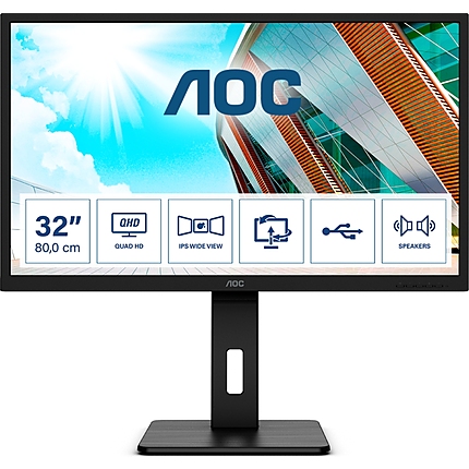 AOC Q32P2, 31.5" IPS WLED, 2560x1440@75Hz, 4ms GTG, 250cd/m2, 1000:1, 50M:1 DCR, Adaptive Sync, FlickerFree, Low Blue Light, 3Wx2, Tilt, Height Adjust, Pivot, Swivel, 2xHDMI, DP, USB hub