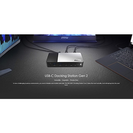 MSI USB-C Docking Station Gen 2,  Support 100W PD Charging, up to 3 Monitors, 1x (4K@60Hz) HDMI, 1xType-C (USB3.2 Gen2/DP), 1x DP, Gb LAN, 1x Mic-in/Headphone-out Combo Jack, 1x USB2.0, 1x Type-C USB3.2 Gen2, 2x Type-A USB3.2 Gen2, 150W adapter