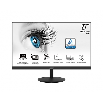 MSI PRO MP271, 27", IPS, 5ms, FHD 1920x1080, Exclusive Display Kit, Anti-Glare, Less Blue Light, Anti-Flicker, Speakers 2x2W, HDMI (Up to 75Hz), VGA, Mic-in, Headphone out, 250 cd/m2, Tilt, VESA 100, 9S6-3PA2CT-039