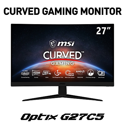 MSI Optix G27C5, 27'', VA, 165Hz, 1ms, FHD 1920x1080, Curve 1500R, FreeSync, Anti-Flicker, Less Blue Light, True colors, Anti-Glare, Frameless, 250 cd/m, Contrast 3000:1, DCR 100M:1, 1xDP, 2xHDMI, 1xEarphone out, VESA, Tilt, 36M, 9S6-3CA91T-021