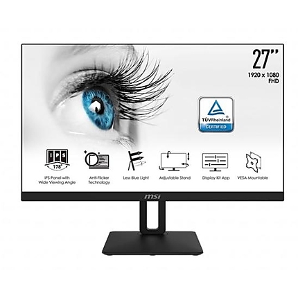 MSI PRO MP271P, 27", IPS, 5ms, FHD 1920x1080, Exclusive Display Kit, Anti-Glare, Less Blue Light, Anti-Flicker, Speakers 2x2W, HDMI (Up to 75Hz), VGA, Mic-in, Headphone out, 1000:1, 250 cd/m2, Tilt, Heigh. Adj., VESA 100, 9S6-3PA2AT-019