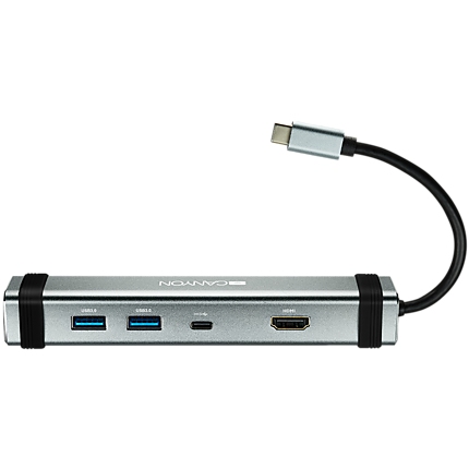 CANYON DS-3 Multiport Docking Station with 4 ports:1*Type C male+1*Type C female+2*USB3.0+1*HDMI, Input 100-240V, Output USB-C PD 5-20V/3A&USB-A 5V/1A, cabel 0.12m, Space grey, 150.8*33.7*24mm, 0.112kg