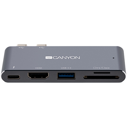 CANYON DS-5 Multiport Docking Station with 5 port, with Thunderbolt 3 Dual type C male port, 1*Thunderbolt 3 female+1*HDMI+1*USB3.0+1*SD+1*TF. Input 100-240V, Output USB-C PD100W&USB-A 5V/1A, Aluminium alloy, Space gray, 90*41*11mm, 0.04kg