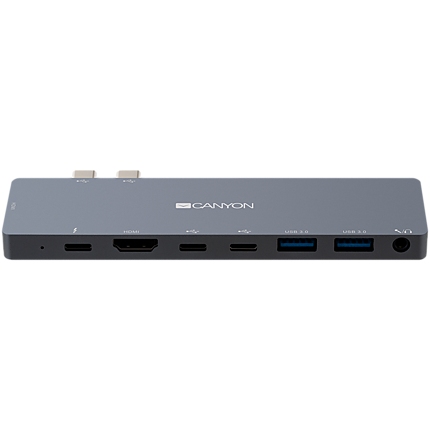 CANYON DS-8 Multiport Docking Station with 8 port, 1*Type C PD100W+2*Type C data+2*HDMI+2*USB3.0+1*Audio. Input 100-240V, Output USB-C PD100W&USB-A 5V/1A, Aluminium alloy, Space gray, 135*48*10mm, 0.056kg