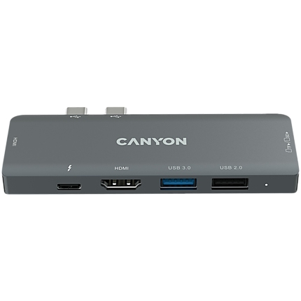 Canyon DS-05B Multiport Docking Station with 7 port, 1*Type C PD100W+2*HDMI+1*USB3.0+1*USB2.0+1*SD+1*TF. Input 100-240V, Output USB-C PD100W&USB-A 5V/1A, Aluminum alloy, Space gray, 104*42*11mm, 0.046kg(Generation B)