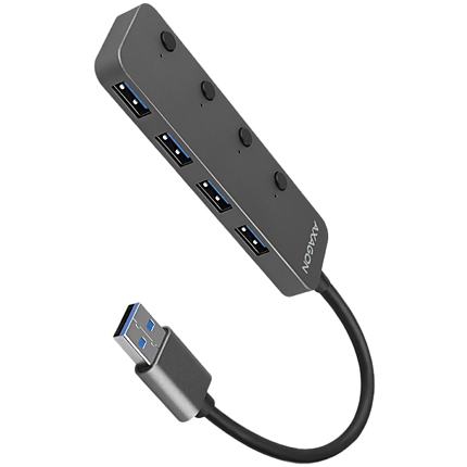 AXAGON HUE-MSA 4x USB3.2 Gen 1 SWITCH hub, metal, micro USB power IN, 20cm USB-A cable