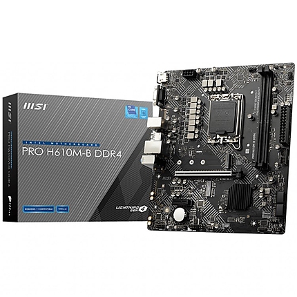 MSI PRO H610M-B DDR4, mATX, Socket 1700, Dual Channel DDR4 3200MHz, 1x PCIe x16 slot, 1x M.2 slot, 1x HDMI, 1x VGA, 2x USB 3.2 Gen 1, 4x USB 2.0, 7.1 HD Audio, 1Gbps LAN, 3Y