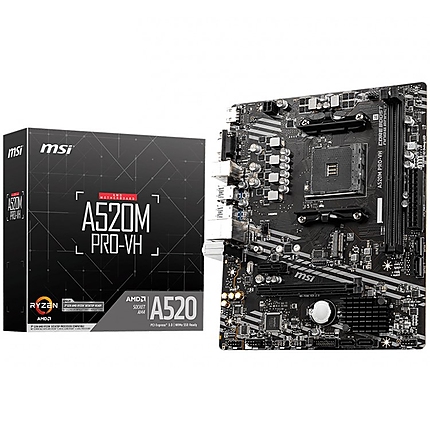 MSI A520M PRO-VH, mATX, Socket AM4, Dual Channel DDR4 4600+(A-XMP OC), 1x PCIe 3.0 x16 slot, 1x M.2 slot, 1x HDMI, 1x VGA, 4x USB 3.2 Gen 1, 2x USB 2.0, 7.1 HD Audio, 1Gbps LAN, 3Y