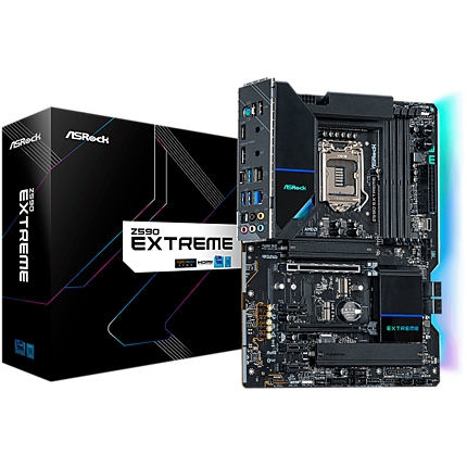 ASROCK Main Board Desktop Z590 EXTREME (S1200, Z590, 4xDDR4, 1xPCIe 4.0x16, 1xPCIe 3.0x16, 3xPCIe 3.0x1, 6x SATA, 1x M.2 PCIe Gen4x4, 2xM.2, 2x USB3.2 Gen2, 6x USB3.2 Gen1, 6xUSB2.0, DP, HDMI, 2.5GLAN, SVGA Holder, ATX, Retail)