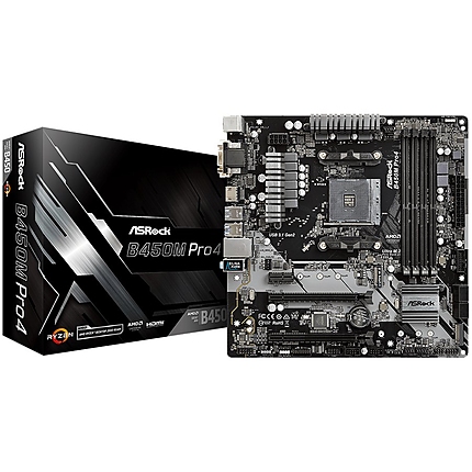 ASROCK Main Board Desktop B450M PRO4 (AM4 B450, 4xDDR4,PCIe 3.0 x16,PCIe 2.0 x1, M.2, 4 SATA3, Type -C, 7 USB,VGA, DVI, HDMI) mATX